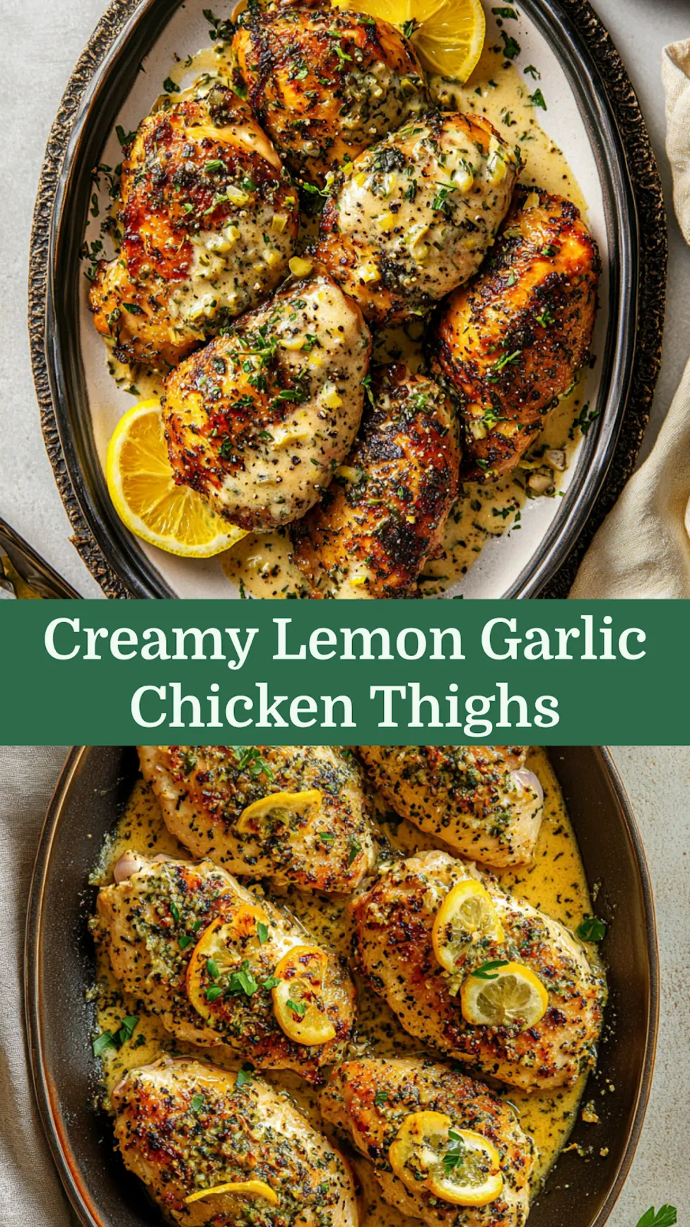 Creamy Lemon Garlic Chicken Thighs Easy Weeknight Dinner 4 CREAMY LEMON GARLIC CHICKEN THIGHS centered hero view, clean and uncluttered