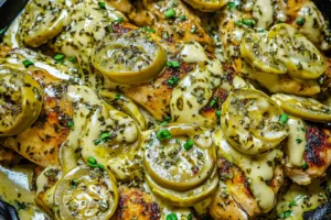 Creamy Pepperoncini Chicken Skillet Easy Weeknight Dinner CREAMY PEPPERONCINI CHICKEN SKILLET centered hero view, clean and uncluttered