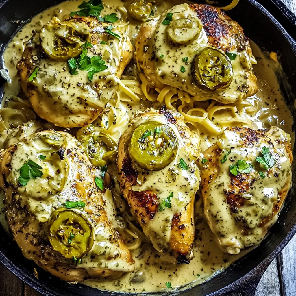 CREAMY PEPPERONCINI CHICKEN SKILLET centered hero view, clean and uncluttered