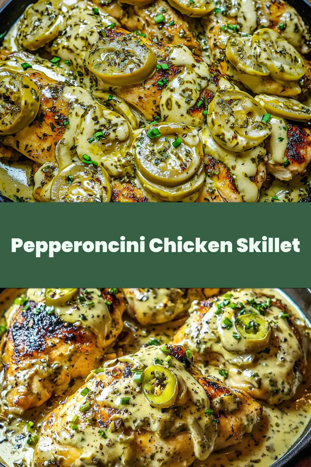 CREAMY PEPPERONCINI CHICKEN SKILLET centered hero view, clean and uncluttered_pin