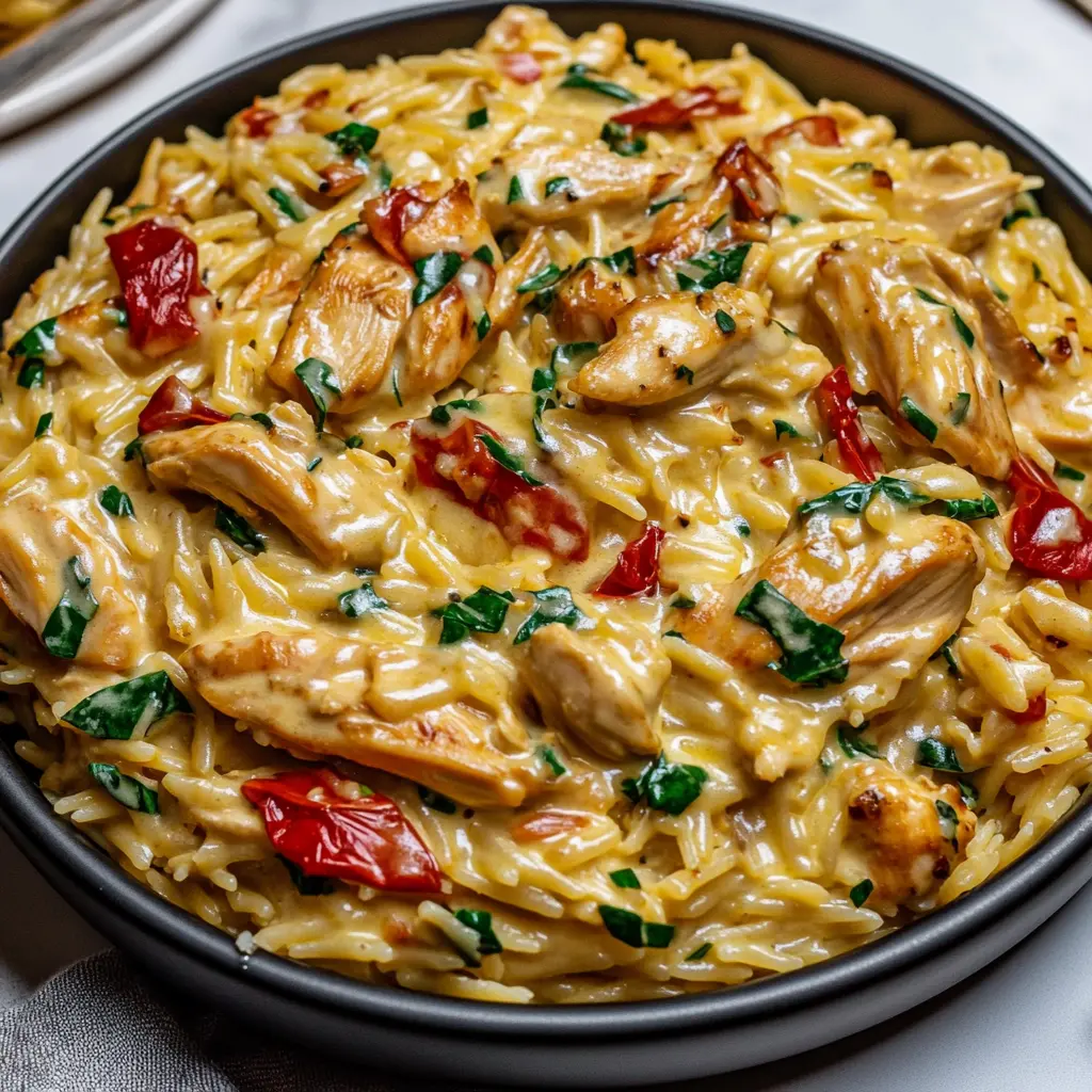 Creamy Tuscan Chicken Orzo centered hero view, clean and uncluttered