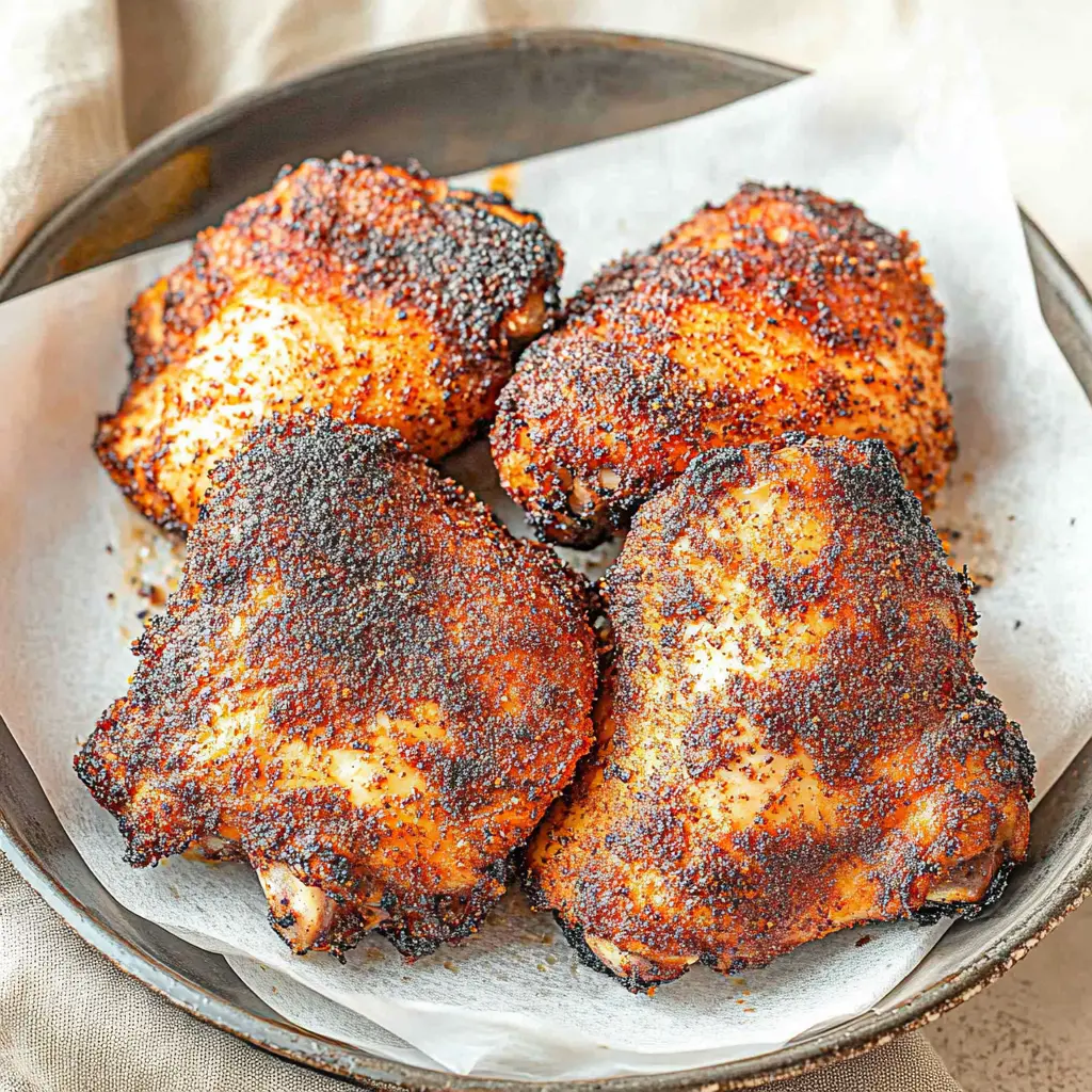 Crispy air fryer chicken thighs with golden brown skin on a white plate