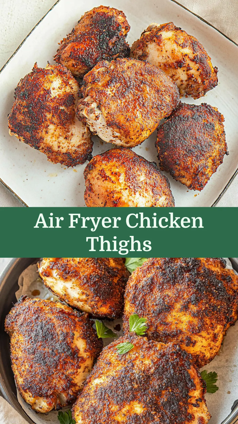 Crispy air fryer chicken thighs Pinterest pin layout with golden chicken