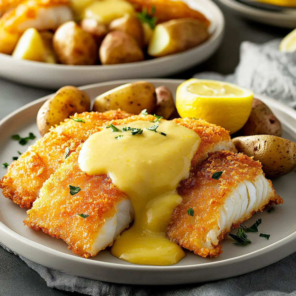 CRISPY BATTERED COD WITH LEMON BUTTER SAUCE AND ROASTED POTATOES centered hero view, clean and uncluttered