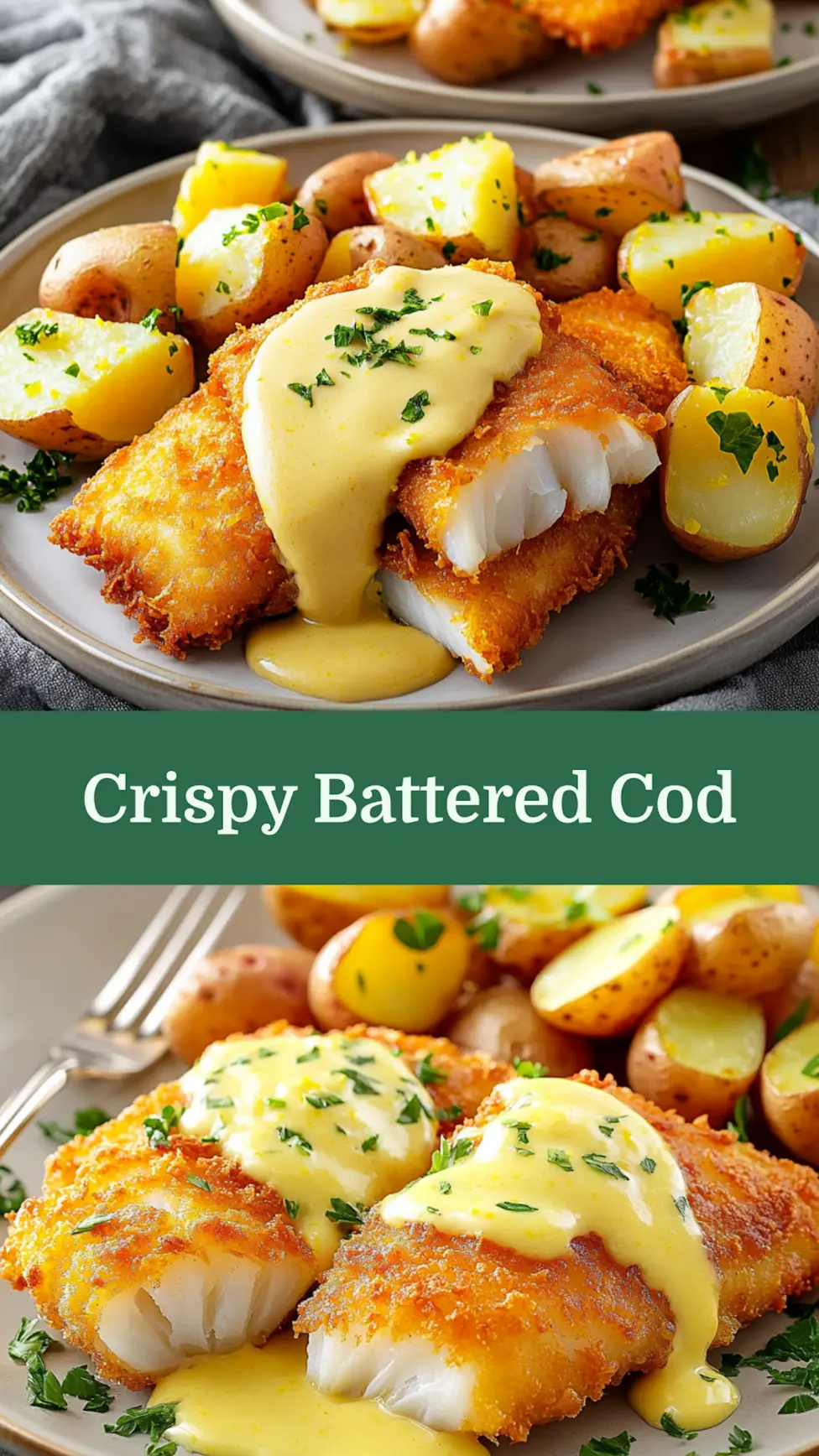 CRISPY BATTERED COD WITH LEMON BUTTER SAUCE AND ROASTED POTATOES centered hero view, clean and uncluttered_pin