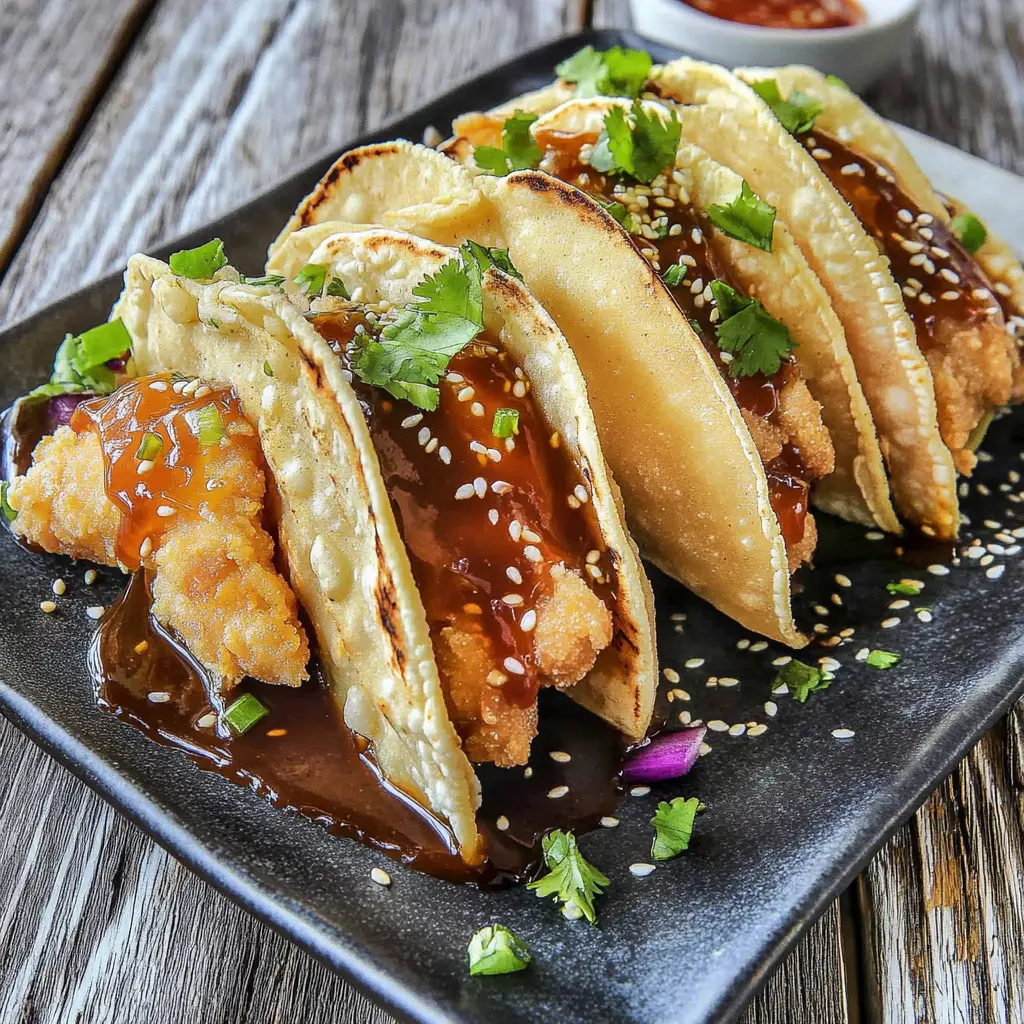 CRISPY CHICKEN WONTON TACOS centered hero view, clean and uncluttered