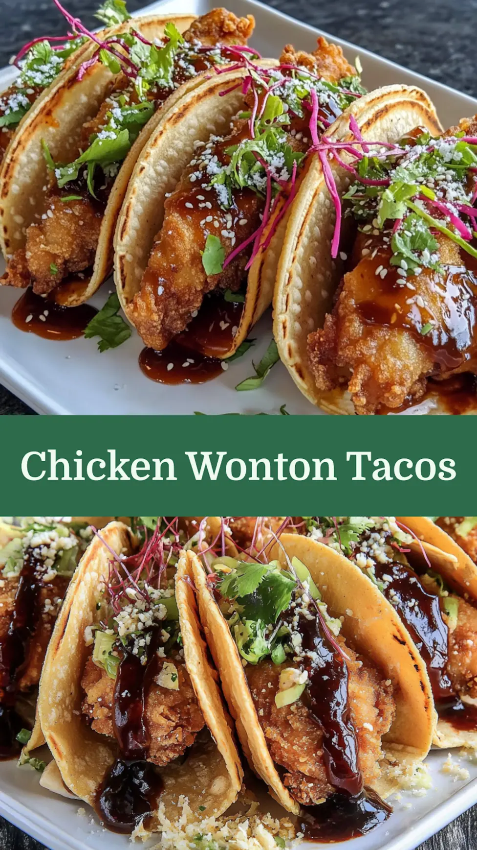 CRISPY CHICKEN WONTON TACOS centered hero view, clean and uncluttered
