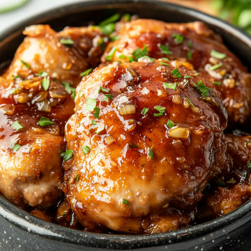 CROCK POT HONEY GARLIC CHICKEN centered hero view, clean and uncluttered