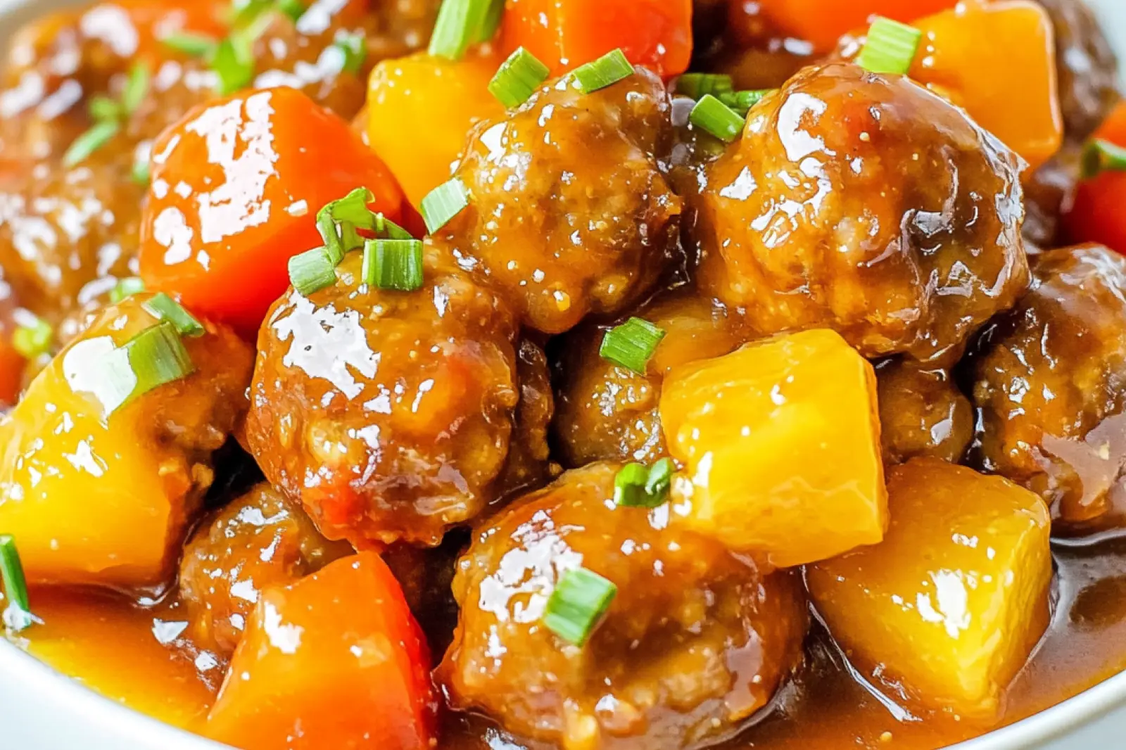 CROCK POT SWEET AND SOUR MEATBALLS centered hero view, clean and uncluttered