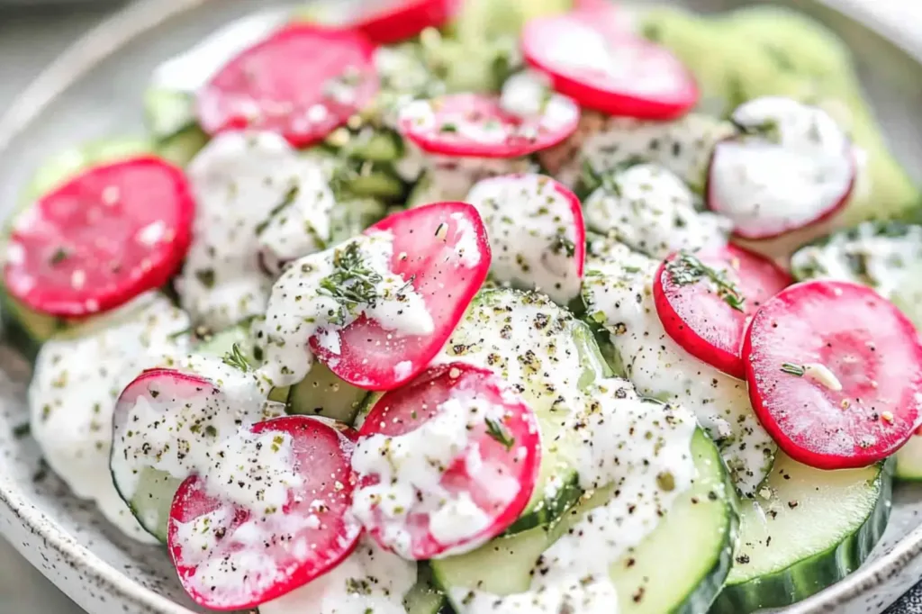 CUCUMBER RADISH SALAD centered hero view, clean and uncluttered