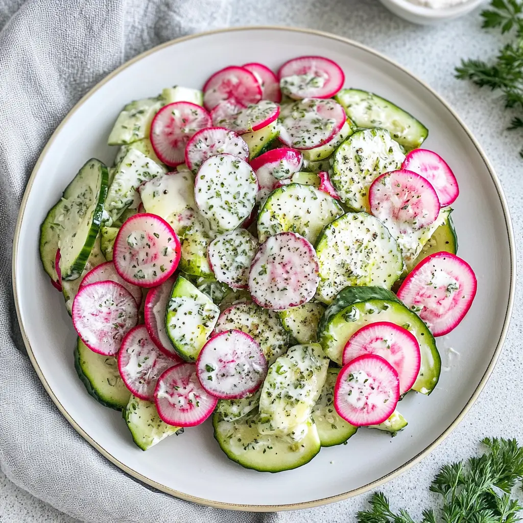 CUCUMBER RADISH SALAD centered hero view, clean and uncluttered