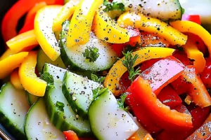 CUCUMBER SWEET PEPPER SALAD centered hero view, clean and uncluttered