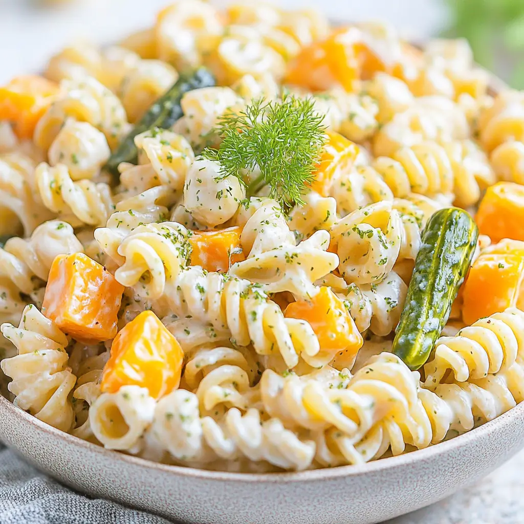 Dill Pickle Pasta Salad in a large bowl, showing creamy dressing, rotini, cheese cubes, and fresh dill