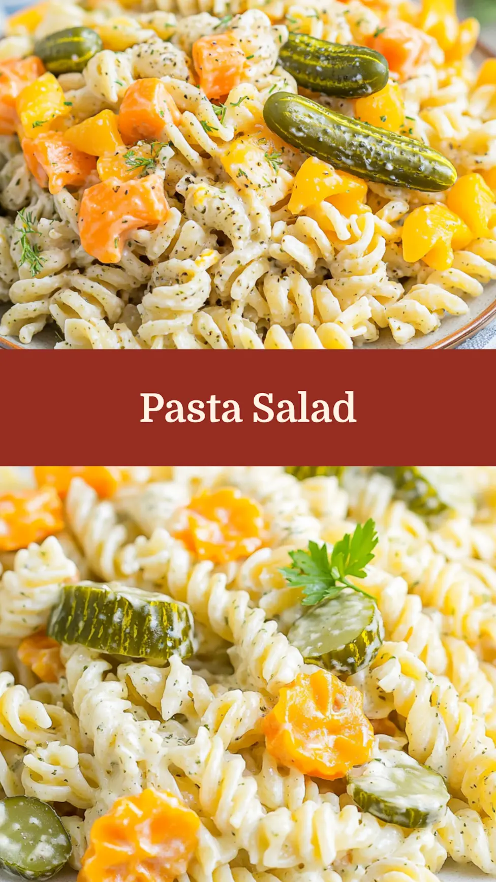 Dill Pickle Pasta Salad with rotini, cheddar, pickles, and fresh dill in a serving bowl