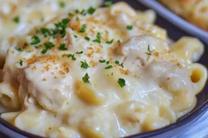 DUMP AND BAKE CHICKEN ALFREDO centered hero view, clean and uncluttered