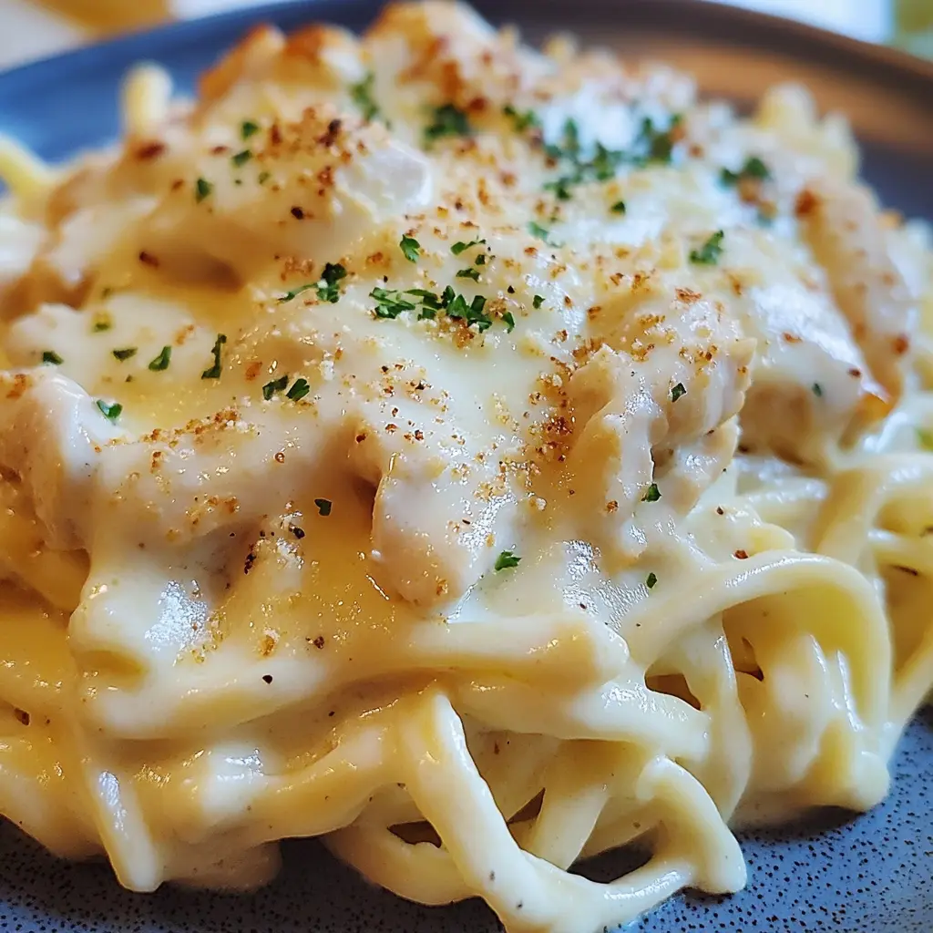 Dump and Bake Chicken Alfredo in baking dish with melted cheese