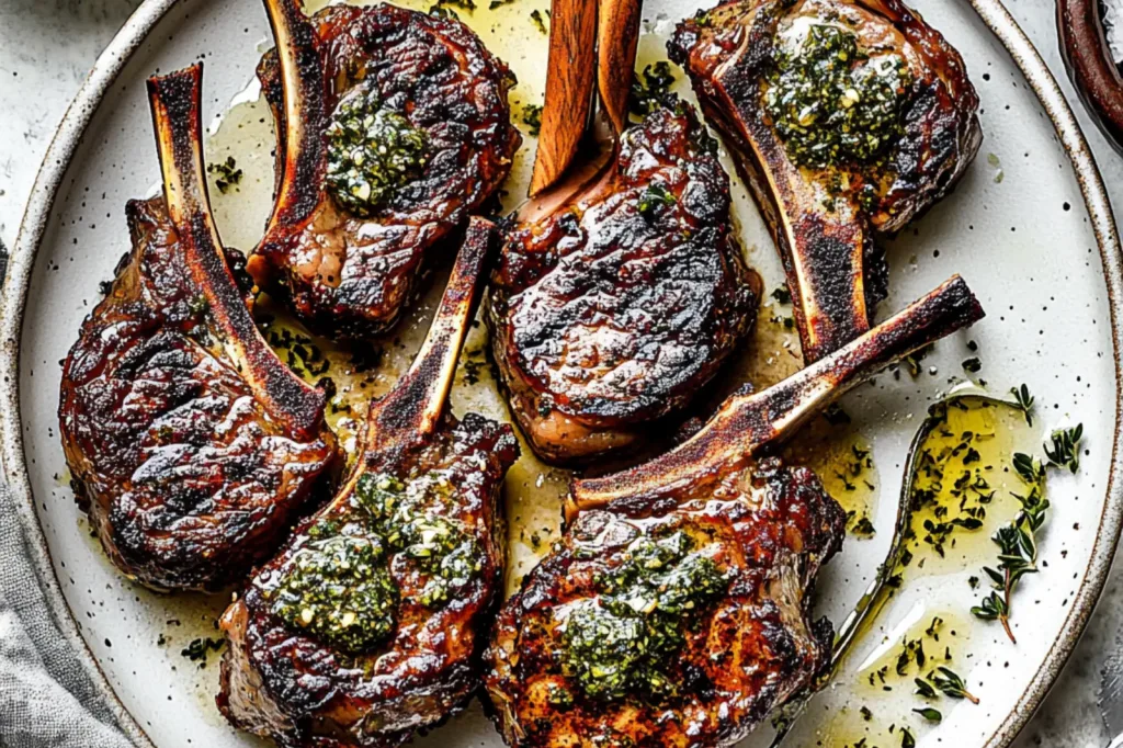 EASTER LAMB CHOPS WITH GARLIC HERB BUTTER centered hero view, clean and uncluttered