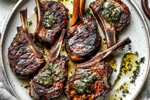 Easter Lamb Chops with Garlic Herb Butter Easy Weeknight Dinner EASTER LAMB CHOPS WITH GARLIC HERB BUTTER centered hero view, clean and uncluttered