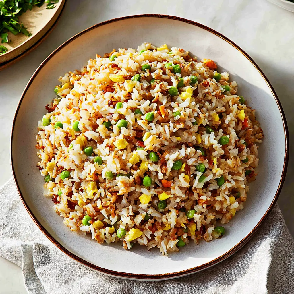 Easy fried rice in a pan with scrambled eggs, peas, and carrots, garnished with scallions