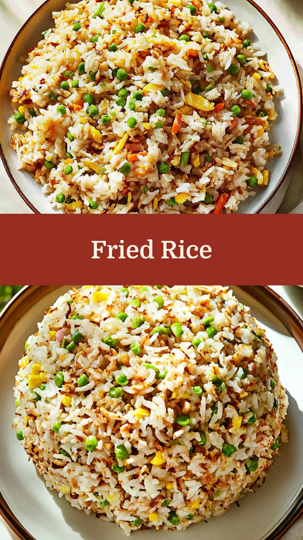 Easy fried rice Pinterest pin with golden rice, eggs, and vegetables