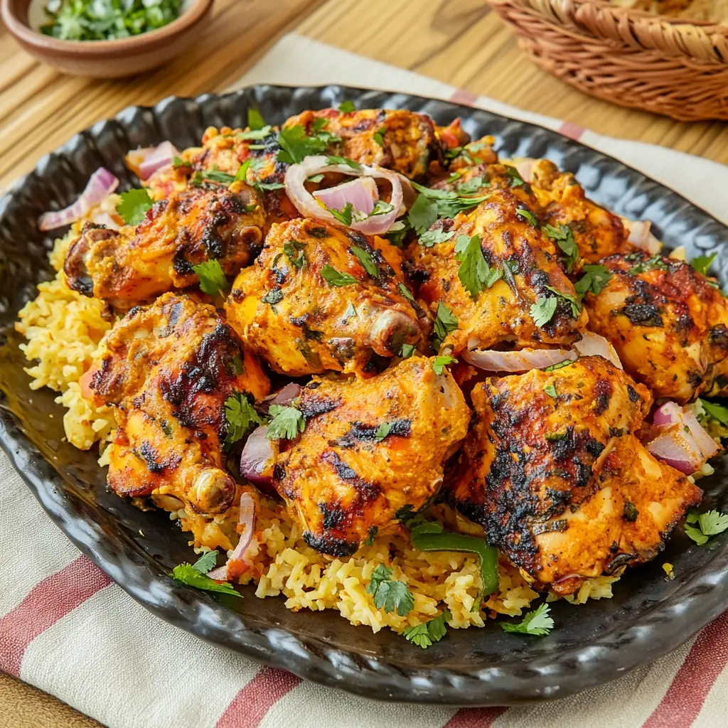 Fiesta Chicken in skillet with bell peppers, rice, and melted cheese