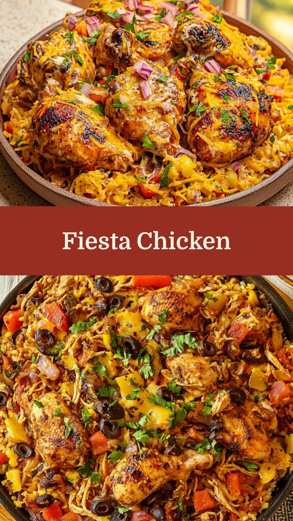 Fiesta Chicken Pinterest pin with colorful peppers and melted cheese topping