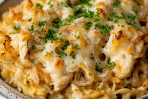 FRENCH ONION CHICKEN ORZO CASSEROLE centered hero view, clean and uncluttered