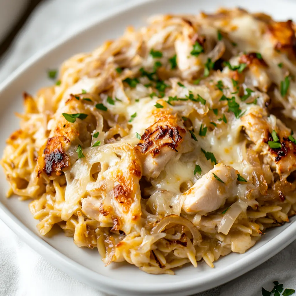 FRENCH ONION CHICKEN ORZO CASSEROLE centered hero view, clean and uncluttered