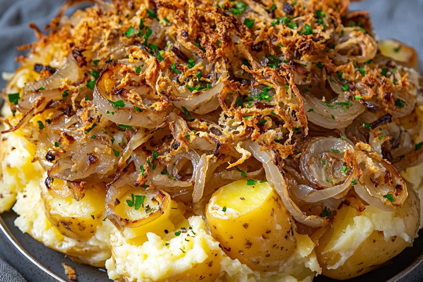 FRENCH ONION FUNERAL POTATOES centered hero view, clean and uncluttered