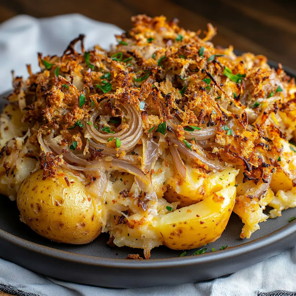 FRENCH ONION FUNERAL POTATOES centered hero view, clean and uncluttered