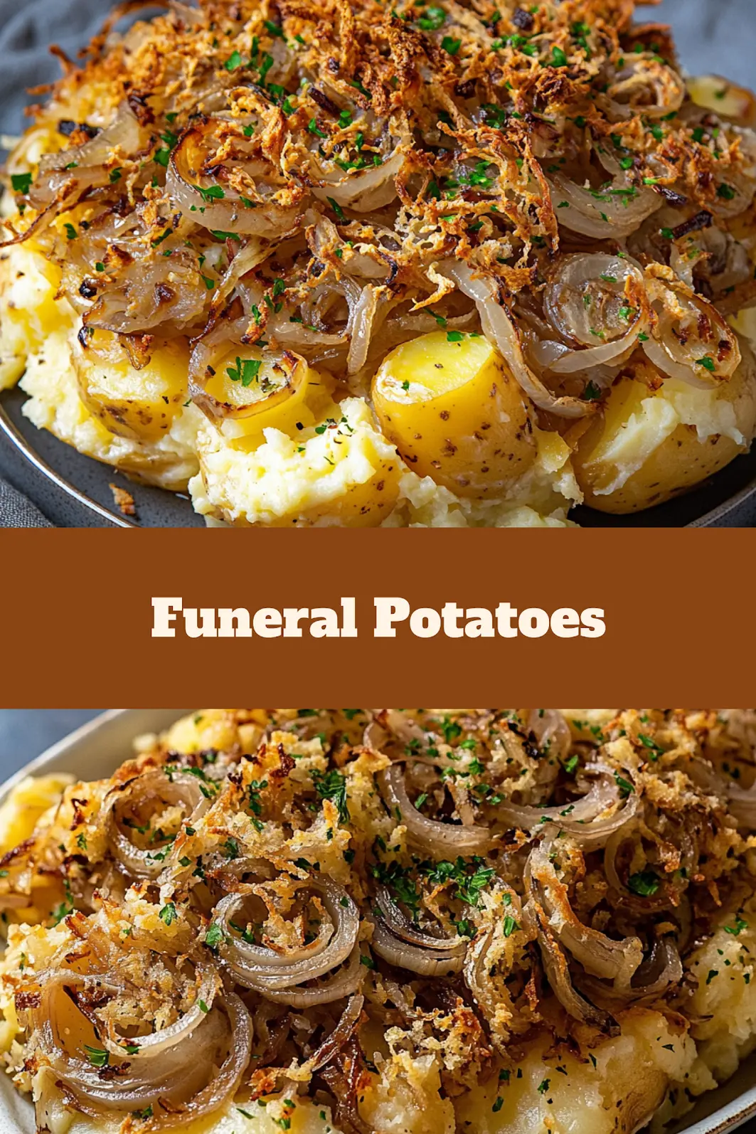 FRENCH ONION FUNERAL POTATOES centered hero view, clean and uncluttered