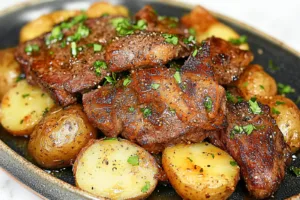 GARLIC BUTTER STEAK AND POTATOES centered hero view, clean and uncluttered
