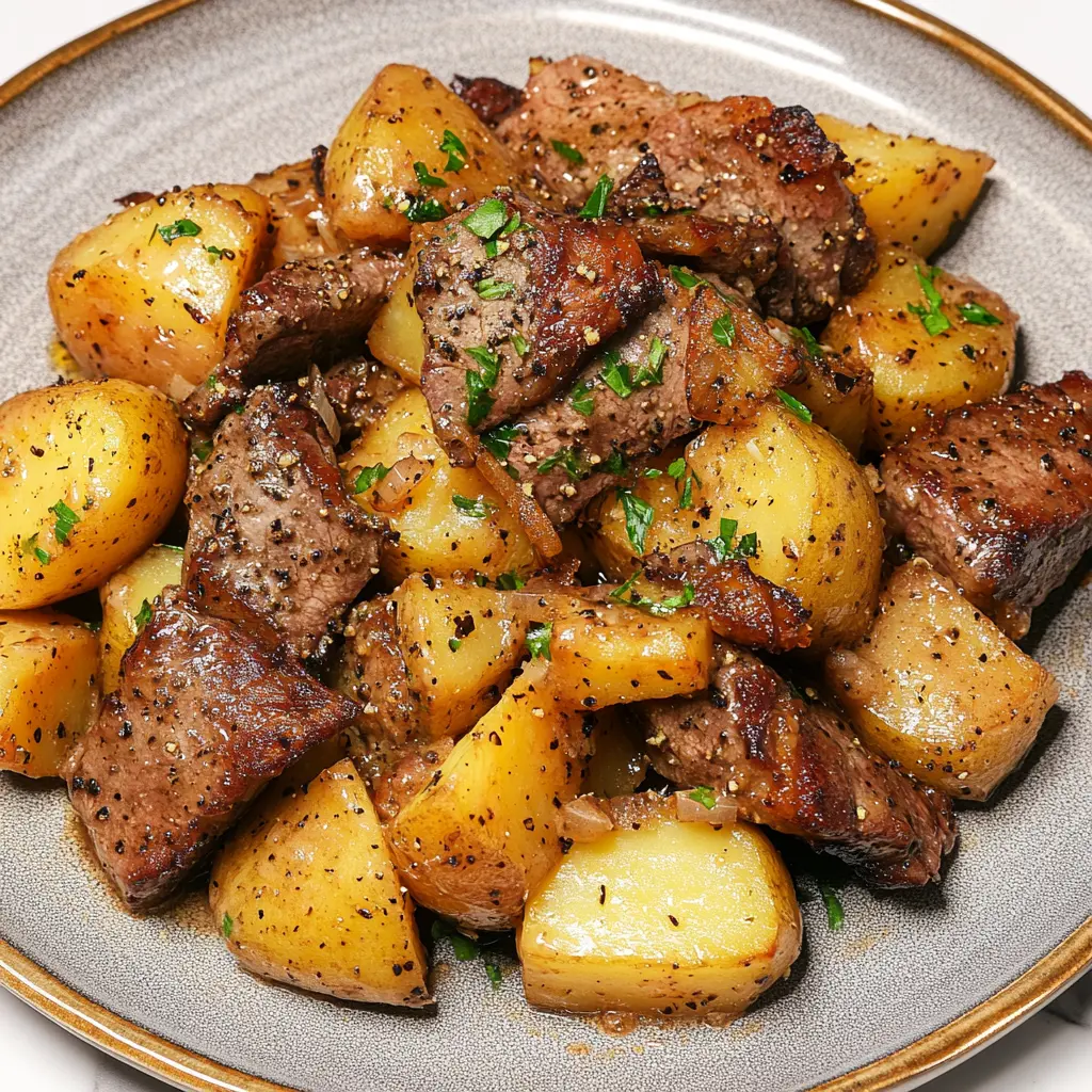 Garlic Butter Steak and Potatoes Easy Weeknight Dinner 3 GARLIC BUTTER STEAK AND POTATOES centered hero view, clean and uncluttered