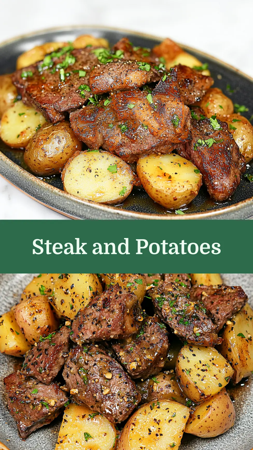 Garlic Butter Steak and Potatoes Easy Weeknight Dinner 4 GARLIC BUTTER STEAK AND POTATOES centered hero view, clean and uncluttered