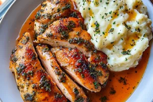 GARLIC HERB CHICKEN WITH MASHED POTATOES centered hero view, clean and uncluttered