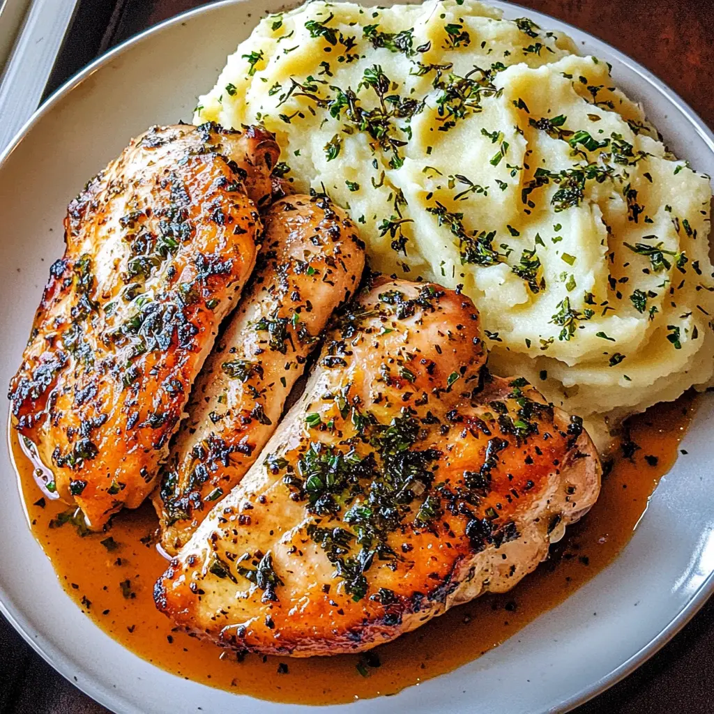 Garlic Herb Chicken with Mashed Potatoes centered hero view, clean and uncluttered