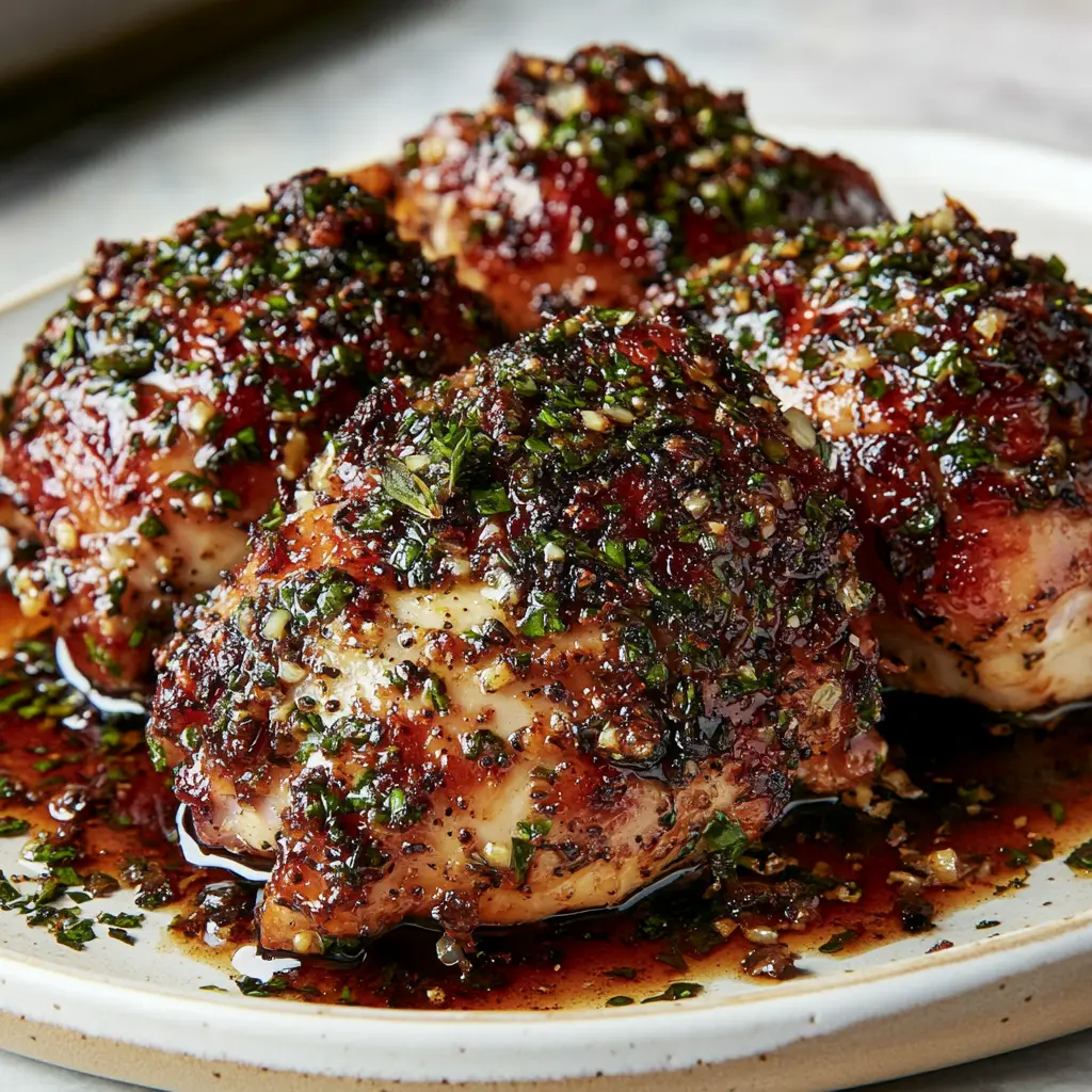 Garlic herb chicken with balsamic glaze served over creamy mashed potatoes