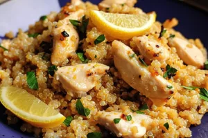 GARLIC LEMON CHICKEN QUINOA centered hero view, clean and uncluttered