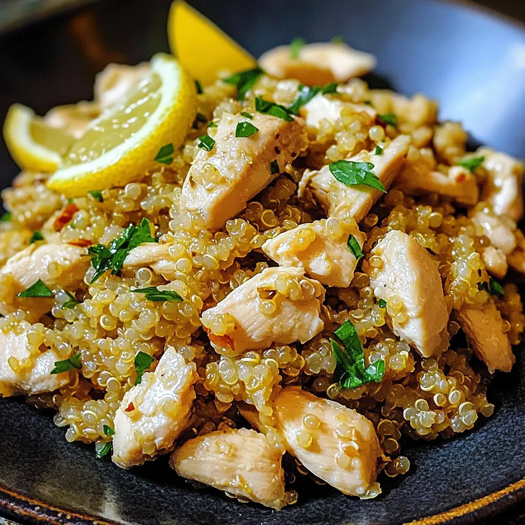 GARLIC LEMON CHICKEN QUINOA centered hero view, clean and uncluttered
