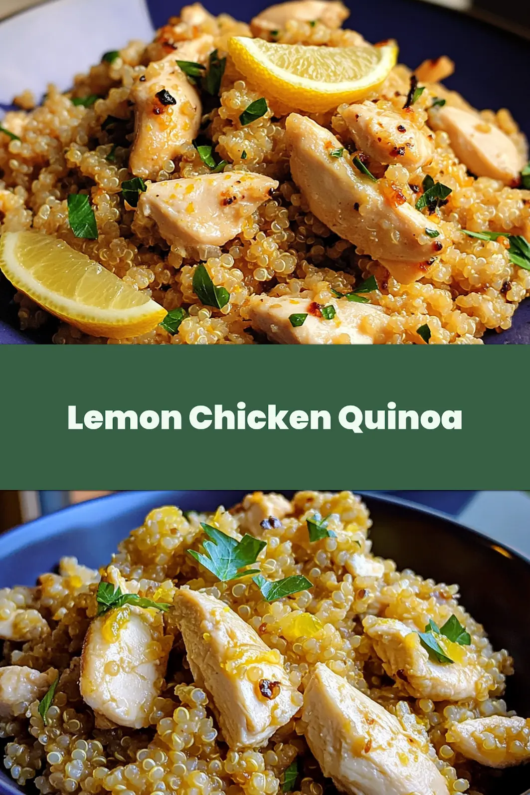 GARLIC LEMON CHICKEN QUINOA centered hero view, clean and uncluttered