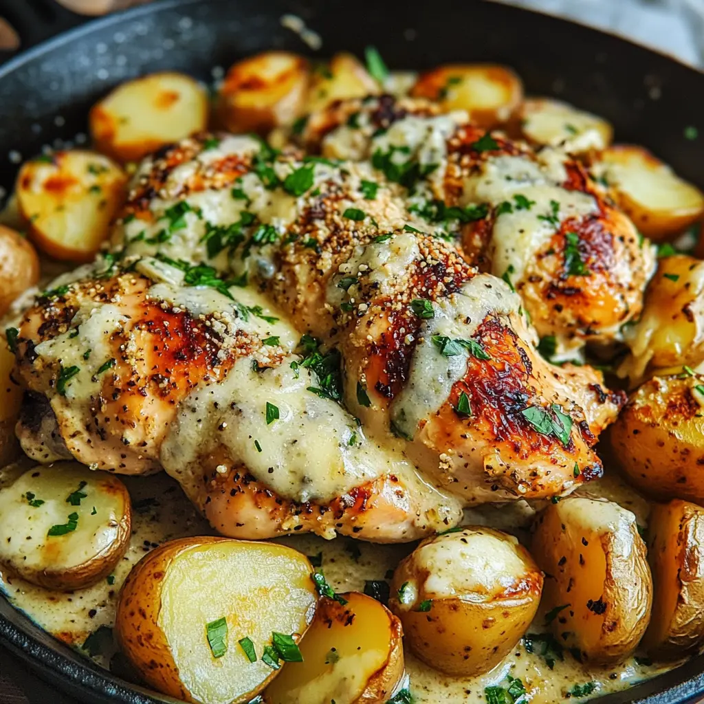 Garlic Parmesan Chicken and Potatoes Skillet Easy Weeknight Dinner 3 Garlic Parmesan Chicken and Potatoes Skillet centered hero view, clean and uncluttered