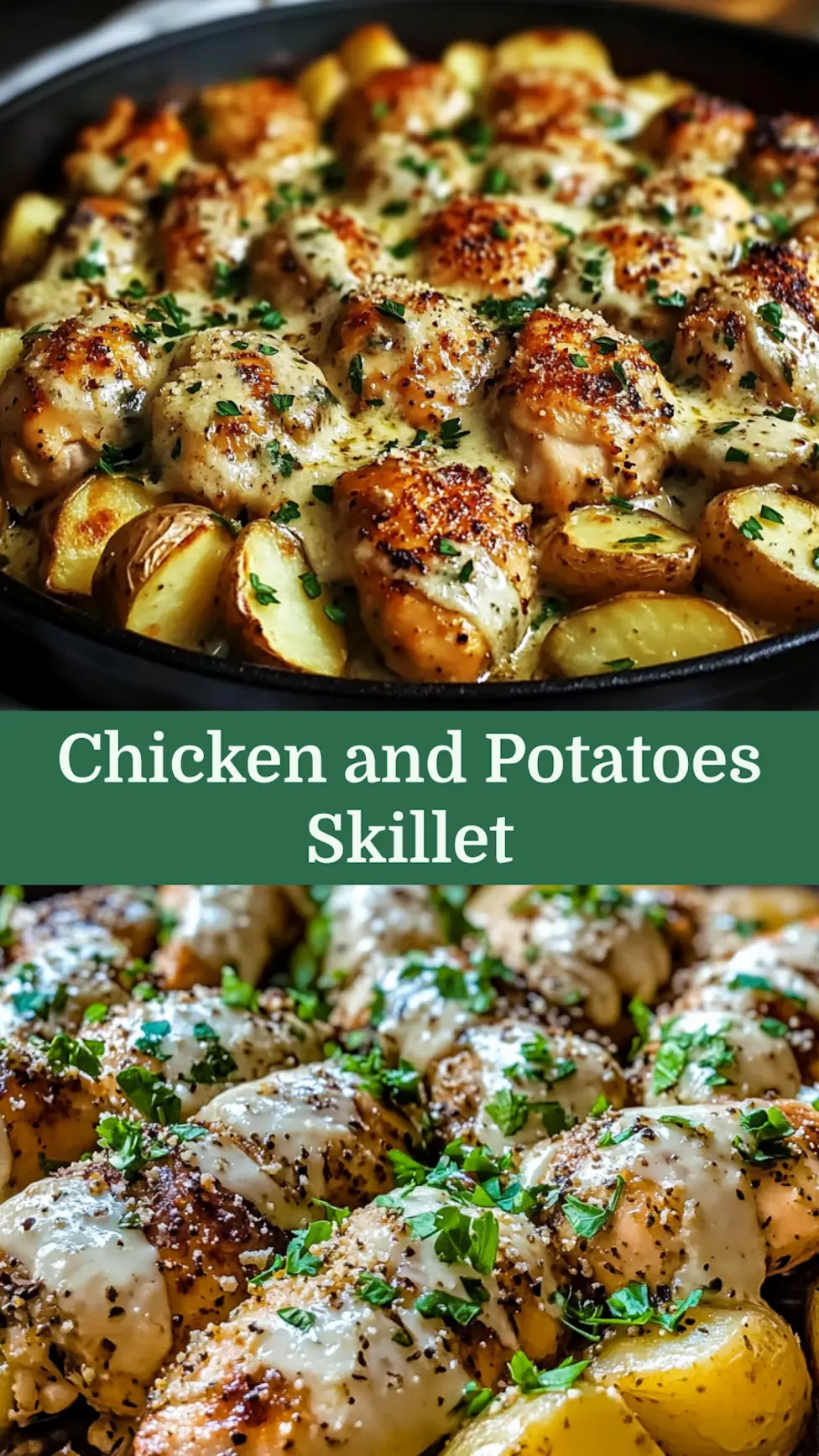 Garlic Parmesan Chicken and Potatoes Skillet Easy Weeknight Dinner 4 Garlic Parmesan Chicken and Potatoes Skillet centered hero view, clean and uncluttered