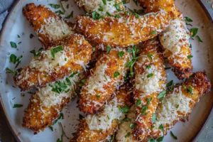 GARLIC PARMESAN CHICKEN TENDERS centered hero view, clean and uncluttered