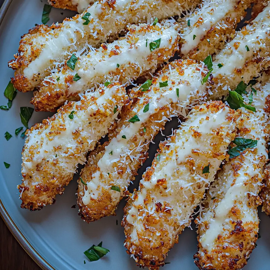 GARLIC PARMESAN CHICKEN TENDERS centered hero view, clean and uncluttered