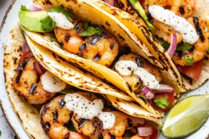 GRILLED SHRIMP TACOS centered hero view, clean and uncluttered