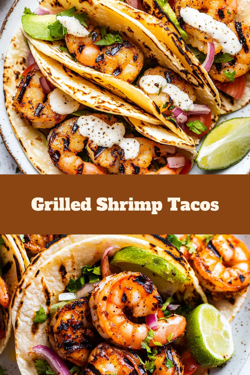 GRILLED SHRIMP TACOS centered hero view, clean and uncluttered