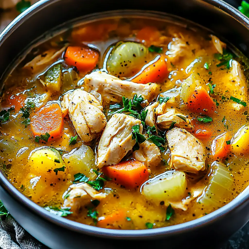 HEARTY CHICKEN VEGGIE SOUP centered hero view, clean and uncluttered