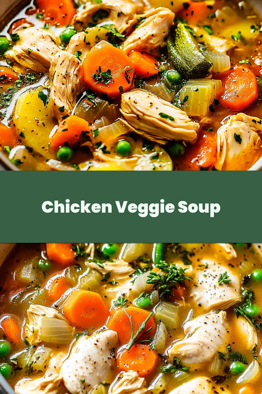 HEARTY CHICKEN VEGGIE SOUP centered hero view, clean and uncluttered