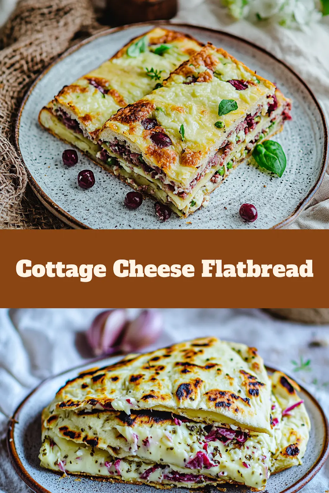 HIGH PROTEIN COTTAGE CHEESE FLATBREAD centered hero view, clean and uncluttered