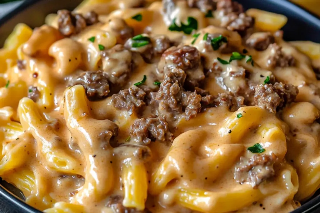 HIGH PROTEIN CREAMY BEEF PASTA centered hero view, clean and uncluttered